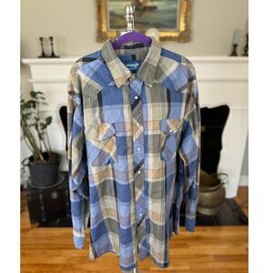 Vintage 90s Western Shirt, Pearl Snaps, Wrangler, Green Blue Plaid, Men's XL XXL